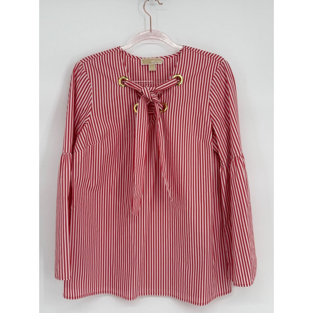 Michael Kors Red White Striped Grommet Tie Front Bell Sleeve Blouse Womens Sz L